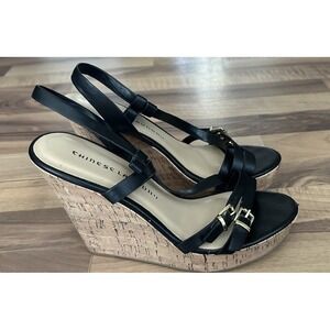 Chinese Laundry Black Leather Cork Wedge Platform Sandal Summer Heels Size 8